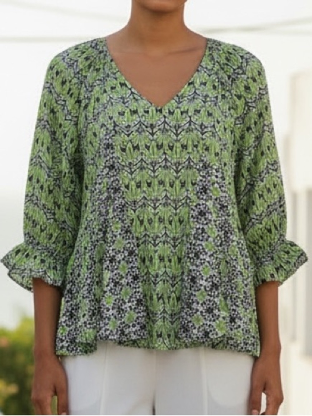 Cato Lime Mixed Print Flared Tunic Blouse Size M